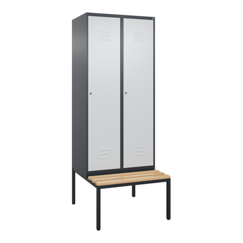 C+P Spind Classic PLUS, Bank, 2 Abteile, 2120x800x815mm, 7016/7035 Verschluss Zylinderschloss 4 Garderobenhaken   Sitzbanktyp untergebaut
