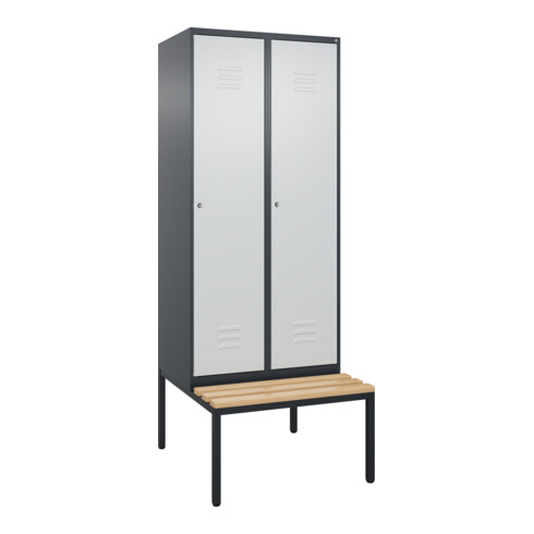 C+P Spind Classic PLUS, Bank, 2 Abteile, 2120x800x815mm, 7016/7035 Verschluss Zylinderschloss 4 Garderobenhaken Trennwand mittig Sitzbanktyp untergebaut