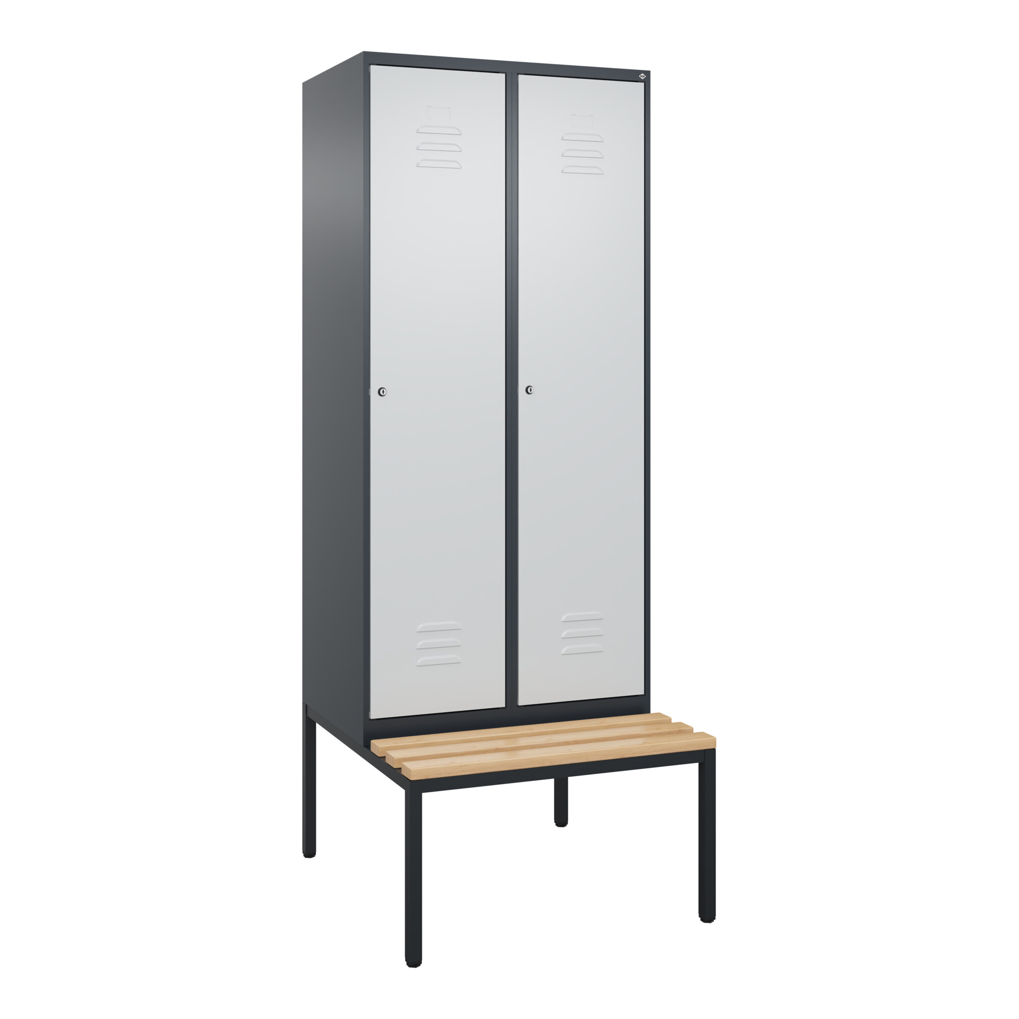C+P Spind Classic PLUS, Bank, 2 Abteile, 2120x800x815mm, 7016/7035 Verschluss Zylinderschloss 4 Garderobenhaken Trennwand mittig Sitzbanktyp untergeb