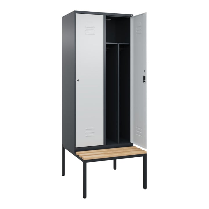 C+P Spind Classic PLUS, Bank, 2 Abteile, 2120x800x815mm, 7016/7035 Verschluss Zylinderschloss 4 Garderobenhaken Trennwand mittig  Sitzbanktyp untergebaut