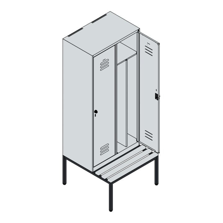C+P Spind Classic PLUS, Bank, 2 Abteile, 2120x800x815mm, 7016/7035 Verschluss Zylinderschloss 4 Garderobenhaken Trennwand mittig  Sitzbanktyp untergebaut