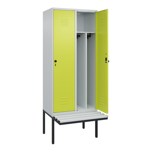 C+P Spind Classic PLUS, Bank, 2 Abteile, 2120x800x815mm, 7035/0024 Verschluss Sicherheits-Drehriegel 4 Garderobenhaken Trennwand mittig Dekor Banklatten RAL 7035 Lichtgrau Sitzbanktyp auskragend