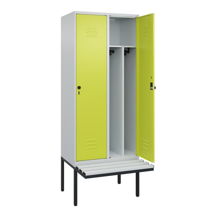 C+P Spind Classic PLUS, Bank, 2 Abteile, 2120x800x815mm, 7035/0024 Verschluss Sicherheits-Drehriegel 4 Garderobenhaken Trennwand mittig Dekor Banklatten RAL 7035 Lichtgrau Sitzbanktyp auskragend