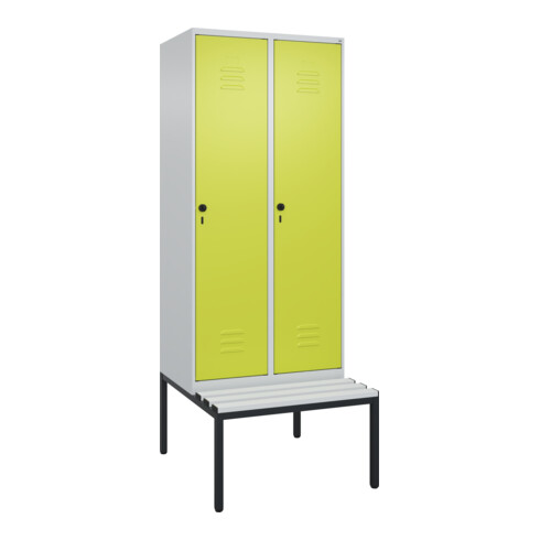 C+P Spind Classic PLUS, Bank, 2 Abteile, 2120x800x815mm, 7035/0024 Verschluss Sicherheits-Drehriegel 4 Garderobenhaken Trennwand mittig Dekor Banklatten RAL 7035 Lichtgrau Sitzbanktyp untergebaut