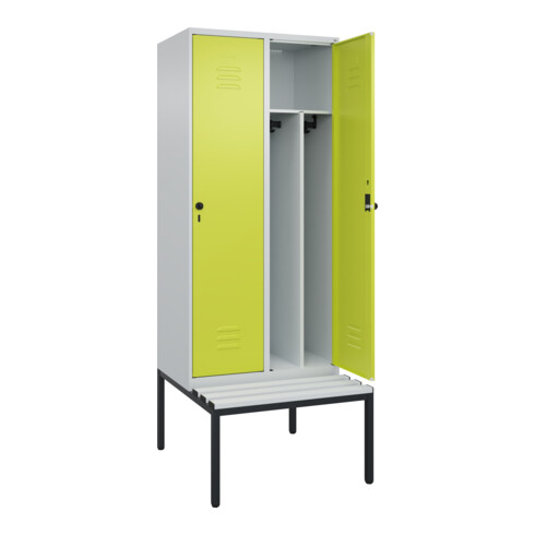 C+P Spind Classic PLUS, Bank, 2 Abteile, 2120x800x815mm, 7035/0024 Verschluss Sicherheits-Drehriegel 4 Garderobenhaken Trennwand mittig Dekor Banklatten RAL 7035 Lichtgrau Sitzbanktyp untergebaut