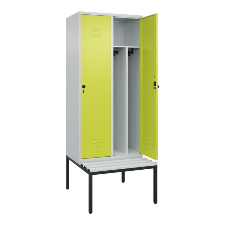 C+P Spind Classic PLUS, Bank, 2 Abteile, 2120x800x815mm, 7035/0024 Verschluss Sicherheits-Drehriegel 4 Garderobenhaken Trennwand mittig Dekor Banklatten RAL 7035 Lichtgrau Sitzbanktyp untergebaut