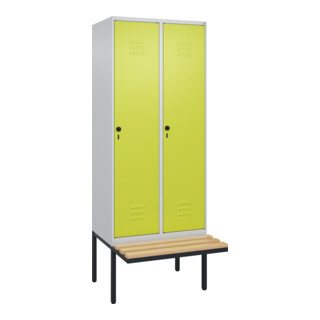 C+P Spind Classic PLUS, Bank, 2 Abteile, 2120x800x815mm, 7035/0024 Verschluss Sicherheits-Drehriegel 4 Garderobenhaken Trennwand mittig  Sitzbanktyp auskragend