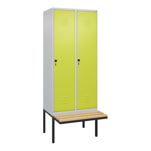 C+P Spind Classic PLUS, Bank, 2 Abteile, 2120x800x815mm, 7035/0024 Verschluss Sicherheits-Drehriegel 4 Garderobenhaken Trennwand mittig  Sitzbanktyp auskragend