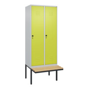 C+P Spind Classic PLUS, Bank, 2 Abteile, 2120x800x815mm, 7035/0024 Verschluss Sicherheits-Drehriegel 4 Garderobenhaken Trennwand mittig  Sitzbanktyp auskragend
