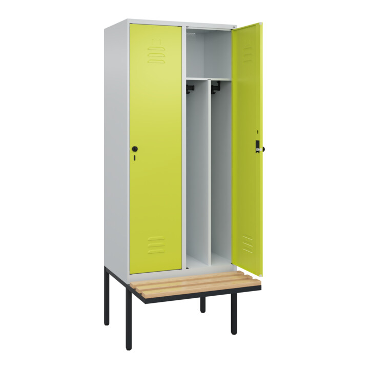 C+P Spind Classic PLUS, Bank, 2 Abteile, 2120x800x815mm, 7035/0024 Verschluss Sicherheits-Drehriegel 4 Garderobenhaken Trennwand mittig  Sitzbanktyp auskragend