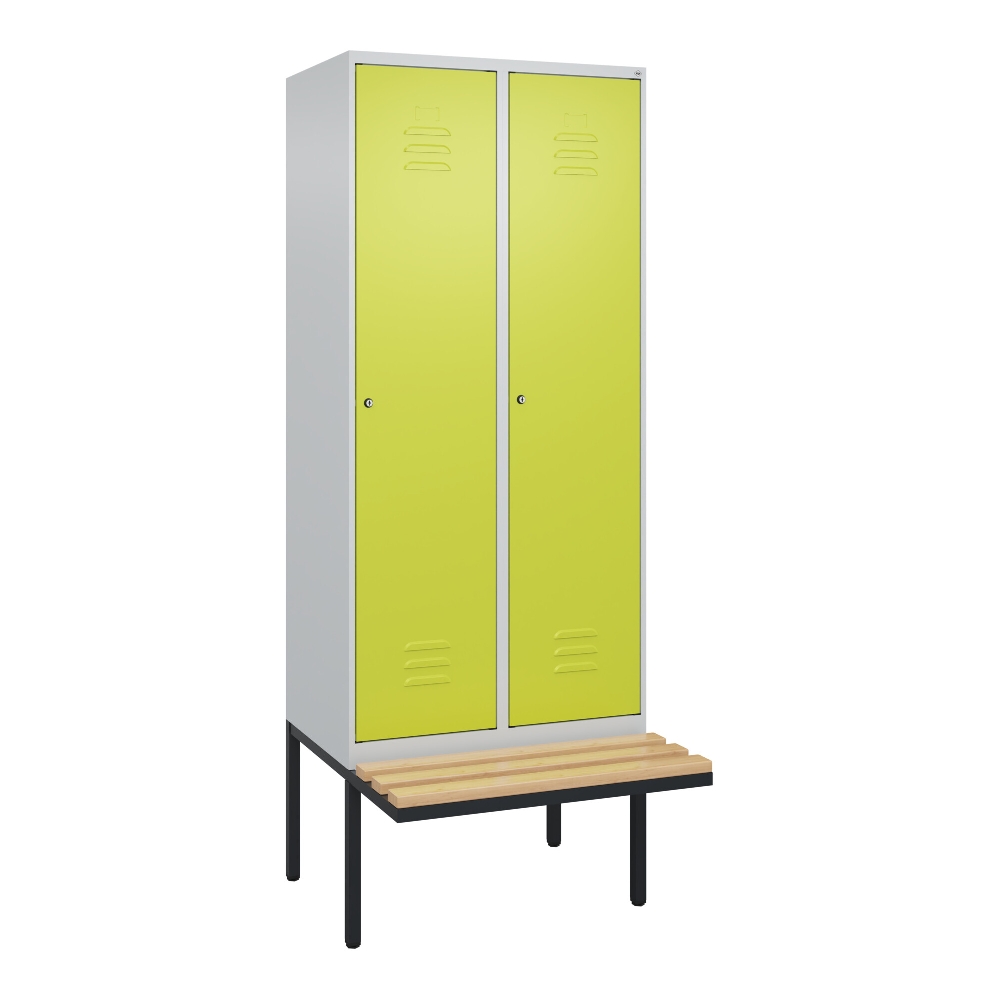 C+P Spind Classic PLUS, Bank, 2 Abteile, 2120x800x815mm, 7035/0024 Verschluss Zylinderschloss 4 Garderobenhaken Sitzbanktyp auskragend ; C + P Möbel