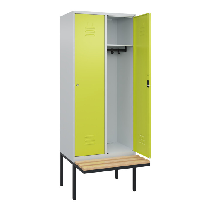 C+P Spind Classic PLUS, Bank, 2 Abteile, 2120x800x815mm, 7035/0024 Verschluss Zylinderschloss 4 Garderobenhaken   Sitzbanktyp auskragend
