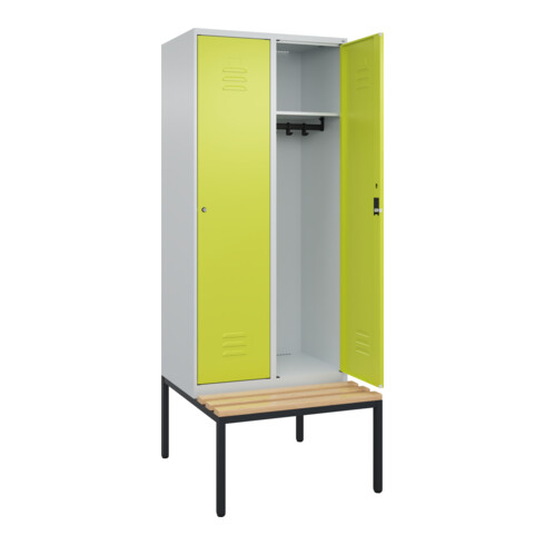 C+P Spind Classic PLUS, Bank, 2 Abteile, 2120x800x815mm, 7035/0024 Verschluss Zylinderschloss 4 Garderobenhaken   Sitzbanktyp untergebaut