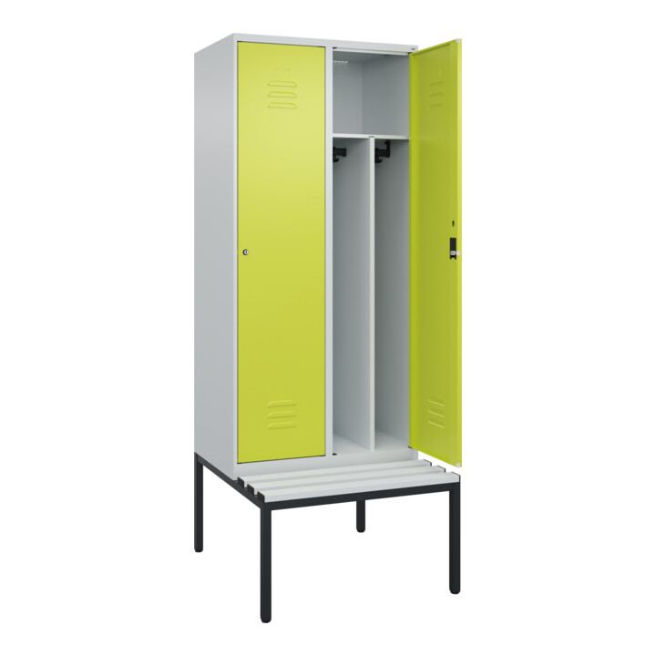C+P Spind Classic PLUS, Bank, 2 Abteile, 2120x800x815mm, 7035/0024 Verschluss Zylinderschloss 4 Garderobenhaken Trennwand mittig Dekor Banklatten RAL 7035 Lichtgrau Sitzbanktyp untergebaut