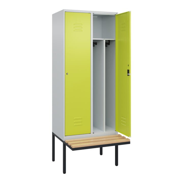 C+P Spind Classic PLUS, Bank, 2 Abteile, 2120x800x815mm, 7035/0024 Verschluss Zylinderschloss 4 Garderobenhaken Trennwand mittig  Sitzbanktyp auskragend