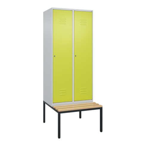 C+P Spind Classic PLUS, Bank, 2 Abteile, 2120x800x815mm, 7035/0024 Verschluss Zylinderschloss 4 Garderobenhaken Trennwand mittig Sitzbanktyp untergebaut