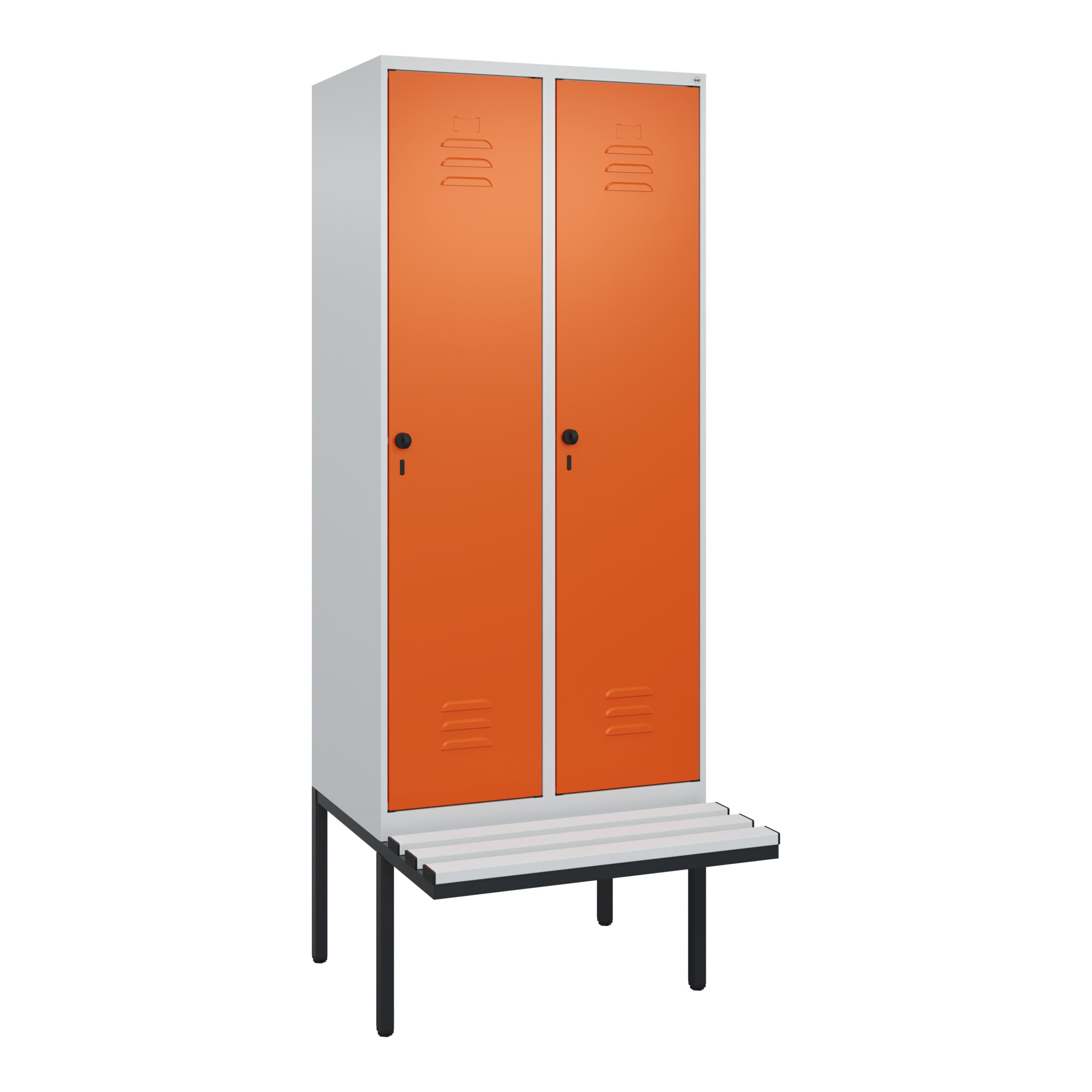 C+P Spind Classic PLUS, Bank, 2 Abteile, 2120x800x815mm, 7035/2004 Verschluss Sicherheits-Drehriegel 4 Garderobenhaken Dekor Banklatten RAL 7035 Lich