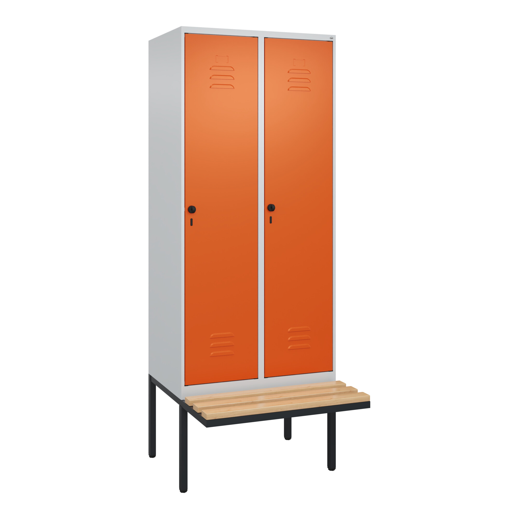 C+P Spind Classic PLUS, Bank, 2 Abteile, 2120x800x815mm, 7035/2004 Verschluss Sicherheits-Drehriegel 4 Garderobenhaken Trennwand mittig Sitzbanktyp a