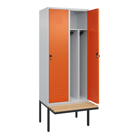 C+P Spind Classic PLUS, Bank, 2 Abteile, 2120x800x815mm, 7035/2004 Verschluss Sicherheits-Drehriegel 4 Garderobenhaken Trennwand mittig  Sitzbanktyp auskragend
