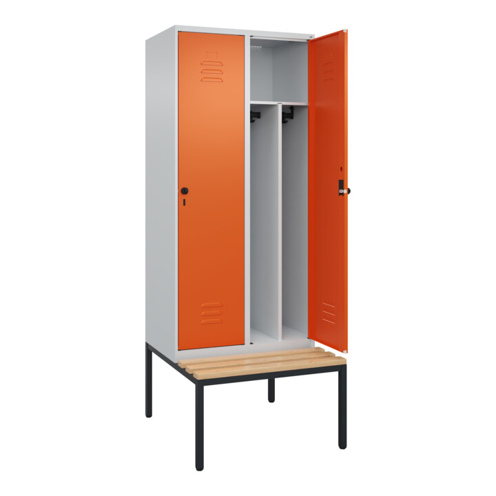 C+P Spind Classic PLUS, Bank, 2 Abteile, 2120x800x815mm, 7035/2004 Verschluss Sicherheits-Drehriegel 4 Garderobenhaken Trennwand mittig  Sitzbanktyp untergebaut
