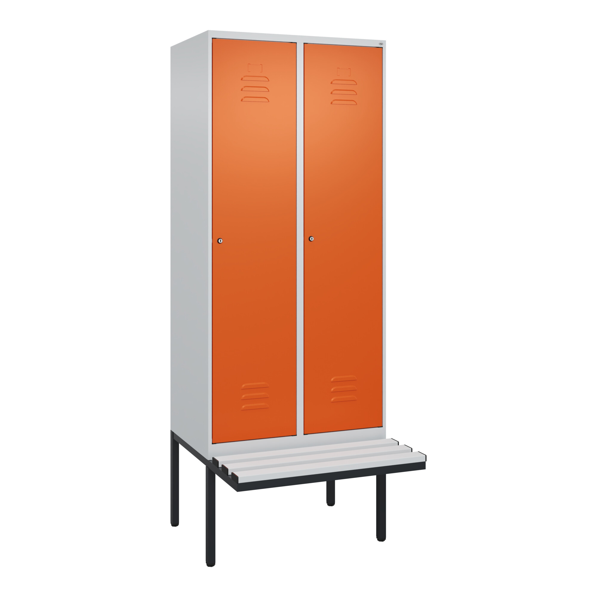 C+P Spind Classic PLUS, Bank, 2 Abteile, 2120x800x815mm, 7035/2004 Verschluss Zylinderschloss 4 Garderobenhaken Dekor Banklatten RAL 7035 Lichtgrau S