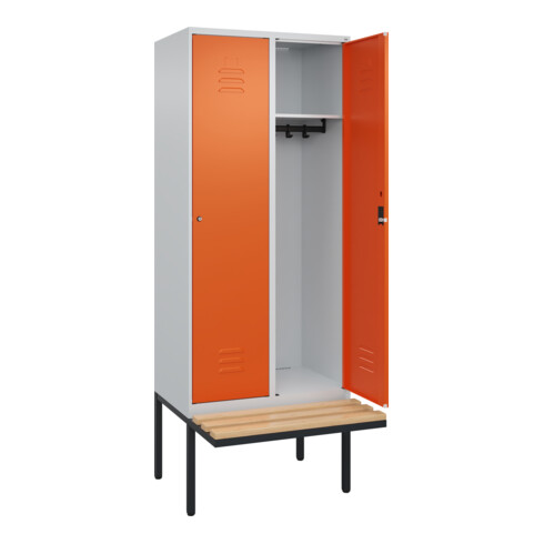 C+P Spind Classic PLUS, Bank, 2 Abteile, 2120x800x815mm, 7035/2004 Verschluss Zylinderschloss 4 Garderobenhaken   Sitzbanktyp auskragend