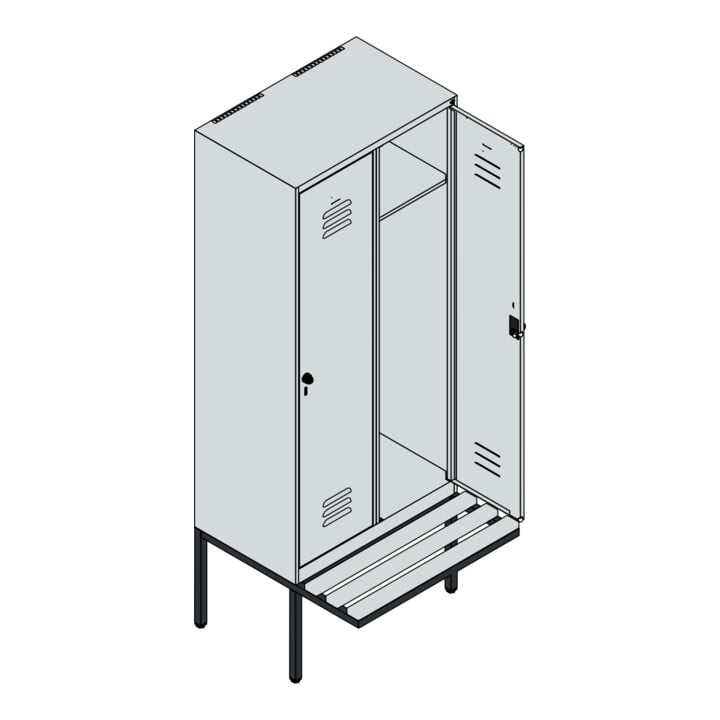 C+P Spind Classic PLUS, Bank, 2 Abteile, 2120x800x815mm, 7035/2004 Verschluss Zylinderschloss 4 Garderobenhaken   Sitzbanktyp auskragend