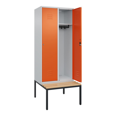 C+P Spind Classic PLUS, Bank, 2 Abteile, 2120x800x815mm, 7035/2004 Verschluss Zylinderschloss 4 Garderobenhaken   Sitzbanktyp untergebaut