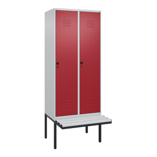 C+P Spind Classic PLUS, Bank, 2 Abteile, 2120x800x815mm, 7035/3003 Verschluss Sicherheits-Drehriegel 4 Garderobenhaken Trennwand mittig Dekor Banklatten RAL 7035 Lichtgrau Sitzbanktyp auskragend