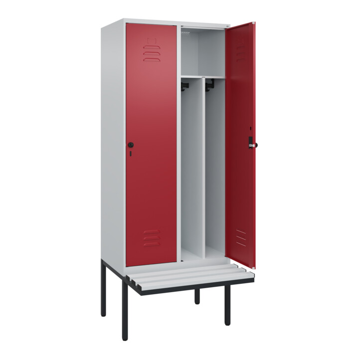 C+P Spind Classic PLUS, Bank, 2 Abteile, 2120x800x815mm, 7035/3003 Verschluss Sicherheits-Drehriegel 4 Garderobenhaken Trennwand mittig Dekor Banklatten RAL 7035 Lichtgrau Sitzbanktyp auskragend