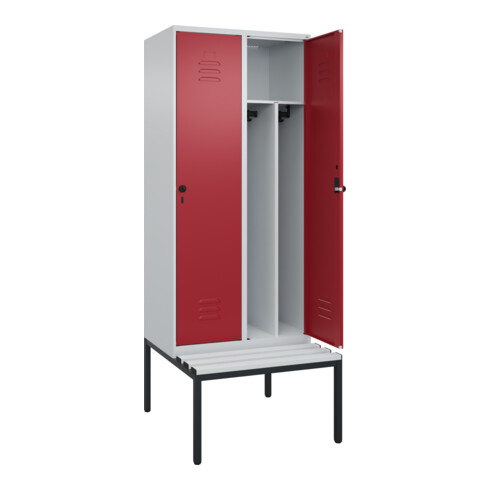 C+P Spind Classic PLUS, Bank, 2 Abteile, 2120x800x815mm, 7035/3003 Verschluss Sicherheits-Drehriegel 4 Garderobenhaken Trennwand mittig Dekor Banklatten RAL 7035 Lichtgrau Sitzbanktyp untergebaut