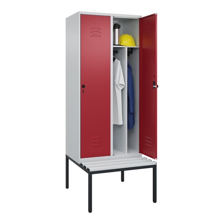 C+P Spind Classic PLUS, Bank, 2 Abteile, 2120x800x815mm, 7035/3003 Verschluss Sicherheits-Drehriegel 4 Garderobenhaken Trennwand mittig Dekor Banklatten RAL 7035 Lichtgrau Sitzbanktyp untergebaut