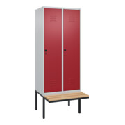 C+P Spind Classic PLUS, Bank, 2 Abteile, 2120x800x815mm, 7035/3003 Verschluss Sicherheits-Drehriegel 4 Garderobenhaken Trennwand mittig  Sitzbanktyp auskragend