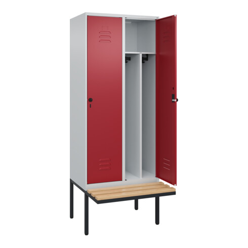 C+P Spind Classic PLUS, Bank, 2 Abteile, 2120x800x815mm, 7035/3003 Verschluss Sicherheits-Drehriegel 4 Garderobenhaken Trennwand mittig  Sitzbanktyp auskragend