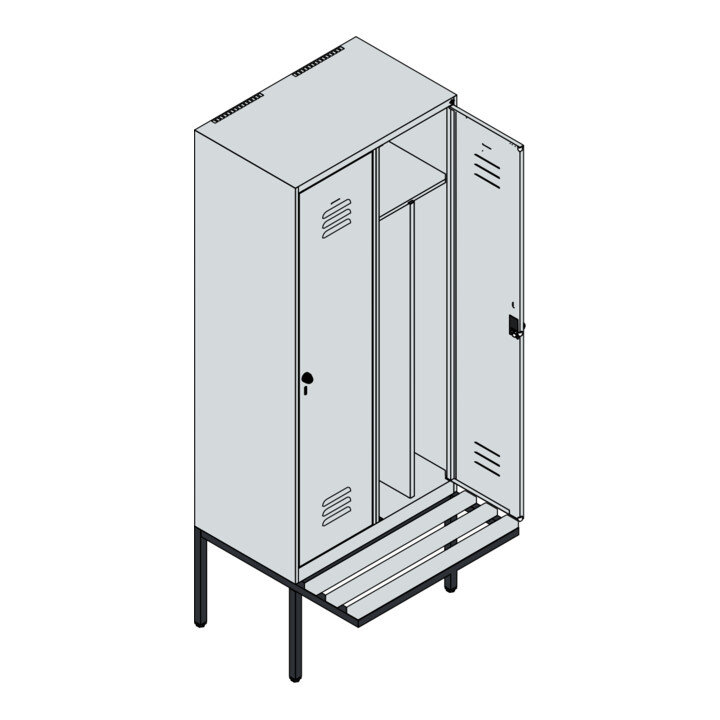 C+P Spind Classic PLUS, Bank, 2 Abteile, 2120x800x815mm, 7035/3003 Verschluss Sicherheits-Drehriegel 4 Garderobenhaken Trennwand mittig  Sitzbanktyp auskragend