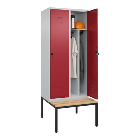 C+P Spind Classic PLUS, Bank, 2 Abteile, 2120x800x815mm, 7035/3003 Verschluss Sicherheits-Drehriegel 4 Garderobenhaken Trennwand mittig  Sitzbanktyp untergebaut