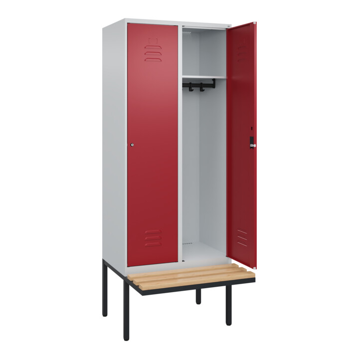 C+P Spind Classic PLUS, Bank, 2 Abteile, 2120x800x815mm, 7035/3003 Verschluss Zylinderschloss 4 Garderobenhaken   Sitzbanktyp auskragend