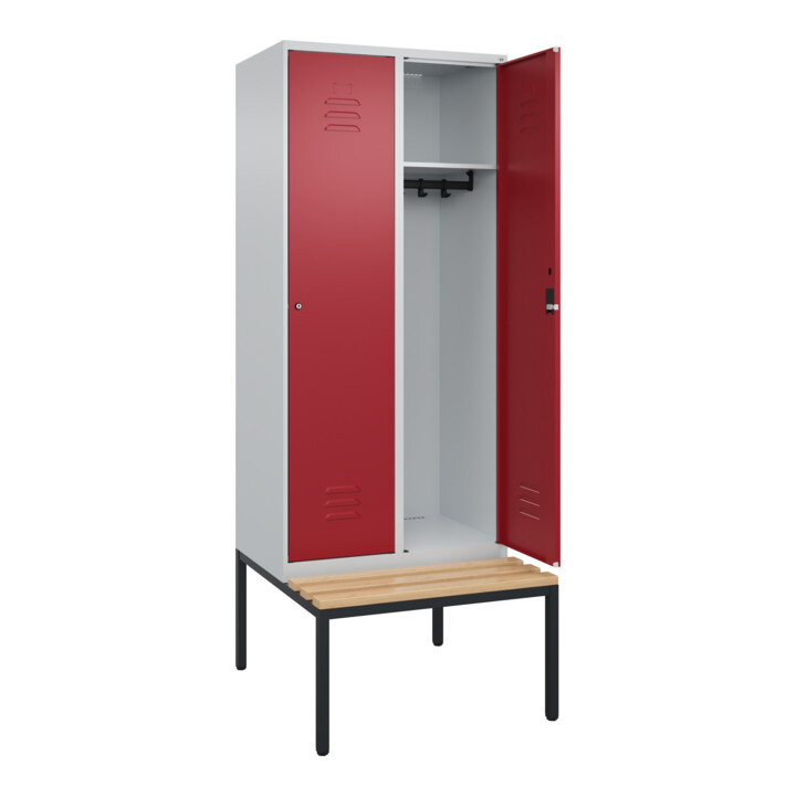 C+P Spind Classic PLUS, Bank, 2 Abteile, 2120x800x815mm, 7035/3003 Verschluss Zylinderschloss 4 Garderobenhaken   Sitzbanktyp untergebaut
