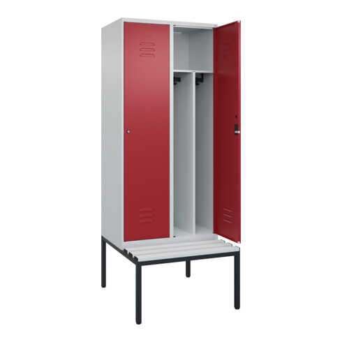 C+P Spind Classic PLUS, Bank, 2 Abteile, 2120x800x815mm, 7035/3003 Verschluss Zylinderschloss 4 Garderobenhaken Trennwand mittig Dekor Banklatten RAL 7035 Lichtgrau Sitzbanktyp untergebaut