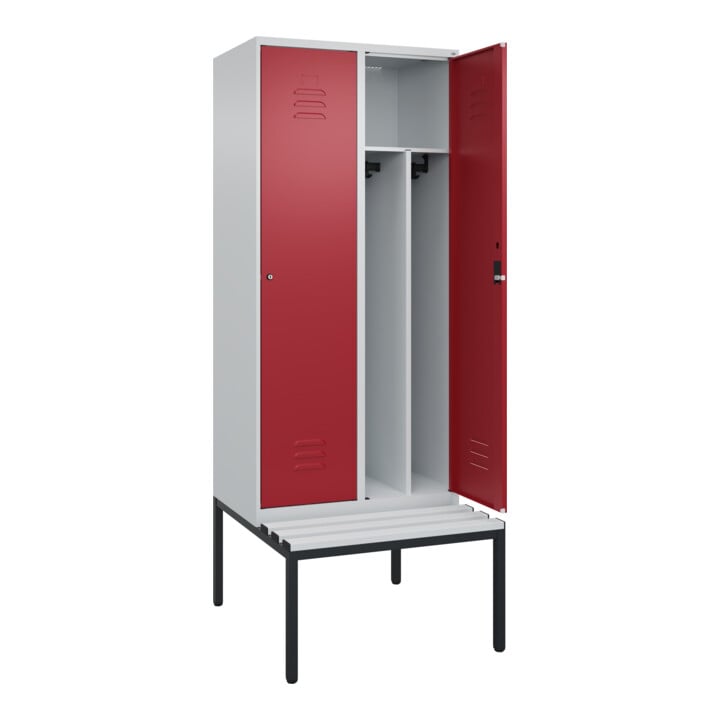 C+P Spind Classic PLUS, Bank, 2 Abteile, 2120x800x815mm, 7035/3003 Verschluss Zylinderschloss 4 Garderobenhaken Trennwand mittig Dekor Banklatten RAL 7035 Lichtgrau Sitzbanktyp untergebaut