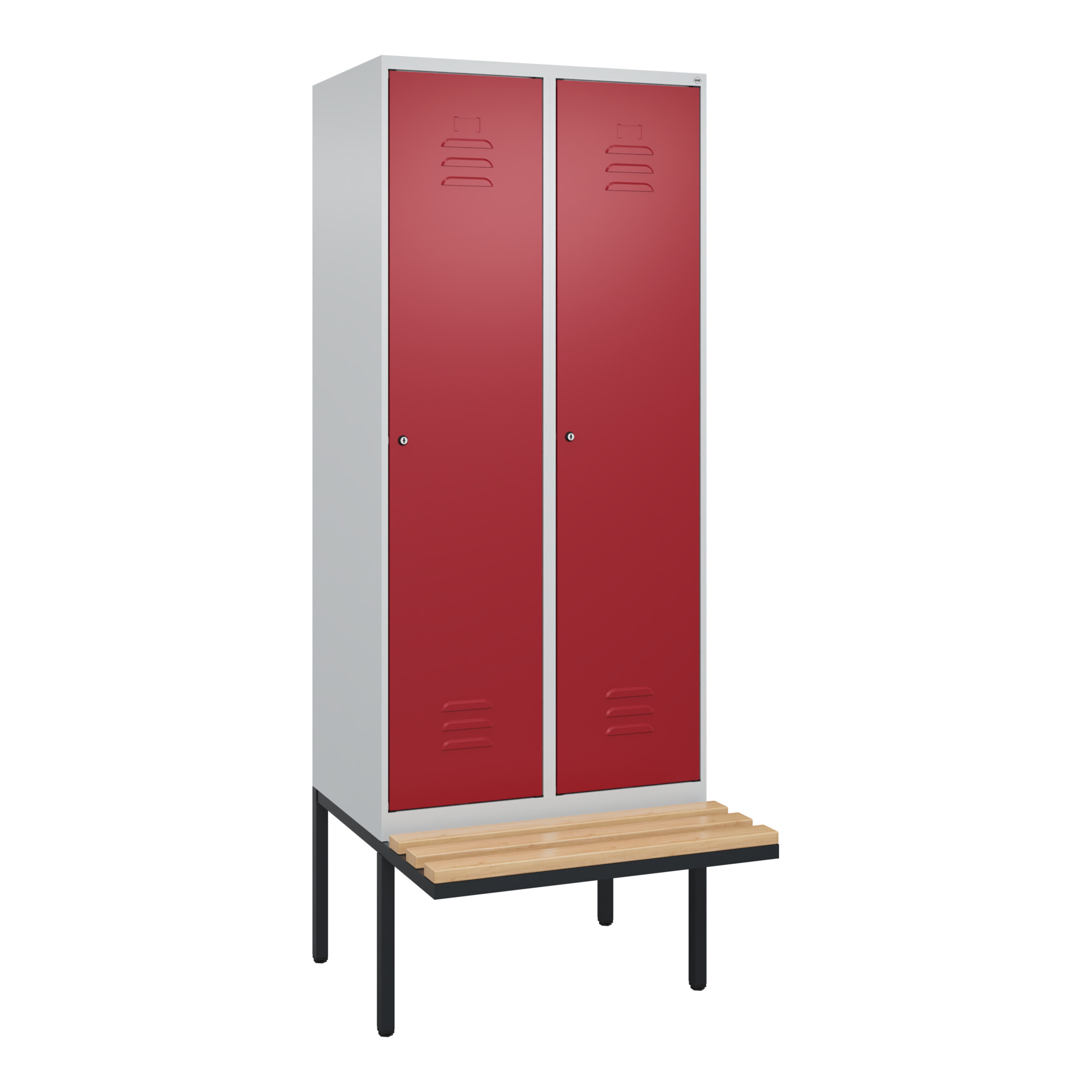 C+P Spind Classic PLUS, Bank, 2 Abteile, 2120x800x815mm, 7035/3003 Verschluss Zylinderschloss 4 Garderobenhaken Trennwand mittig Sitzbanktyp auskrage