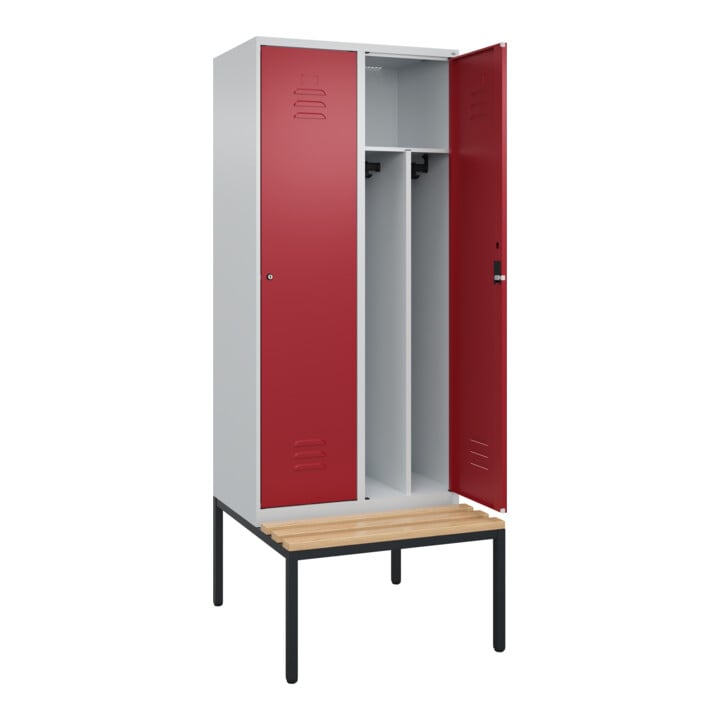 C+P Spind Classic PLUS, Bank, 2 Abteile, 2120x800x815mm, 7035/3003 Verschluss Zylinderschloss 4 Garderobenhaken Trennwand mittig  Sitzbanktyp untergebaut