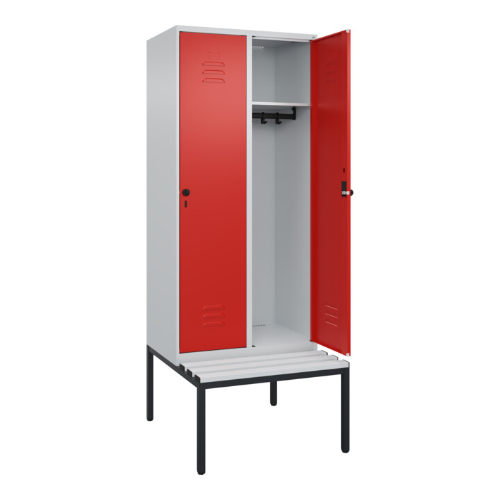 C+P Spind Classic PLUS, Bank, 2 Abteile, 2120x800x815mm, 7035/3020 Verschluss Sicherheits-Drehriegel 4 Garderobenhaken  Dekor Banklatten RAL 7035 Lichtgrau Sitzbanktyp untergebaut