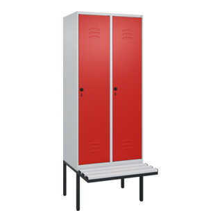 C+P Spind Classic PLUS, Bank, 2 Abteile, 2120x800x815mm, 7035/3020 Verschluss Sicherheits-Drehriegel 4 Garderobenhaken Trennwand mittig Dekor Banklatten RAL 7035 Lichtgrau Sitzbanktyp auskragend