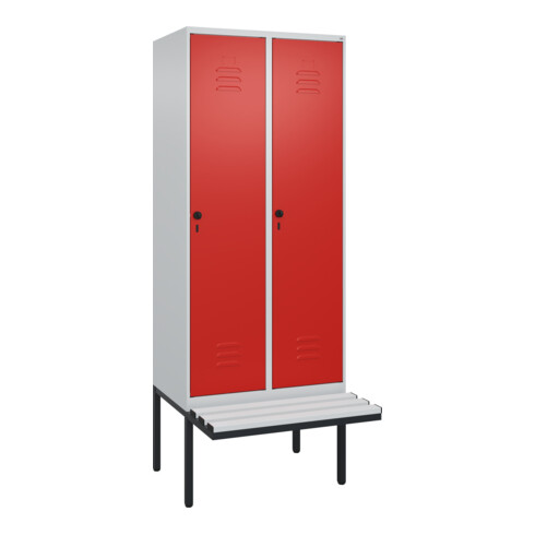 C+P Spind Classic PLUS, Bank, 2 Abteile, 2120x800x815mm, 7035/3020 Verschluss Sicherheits-Drehriegel 4 Garderobenhaken Trennwand mittig Dekor Banklatten RAL 7035 Lichtgrau Sitzbanktyp auskragend