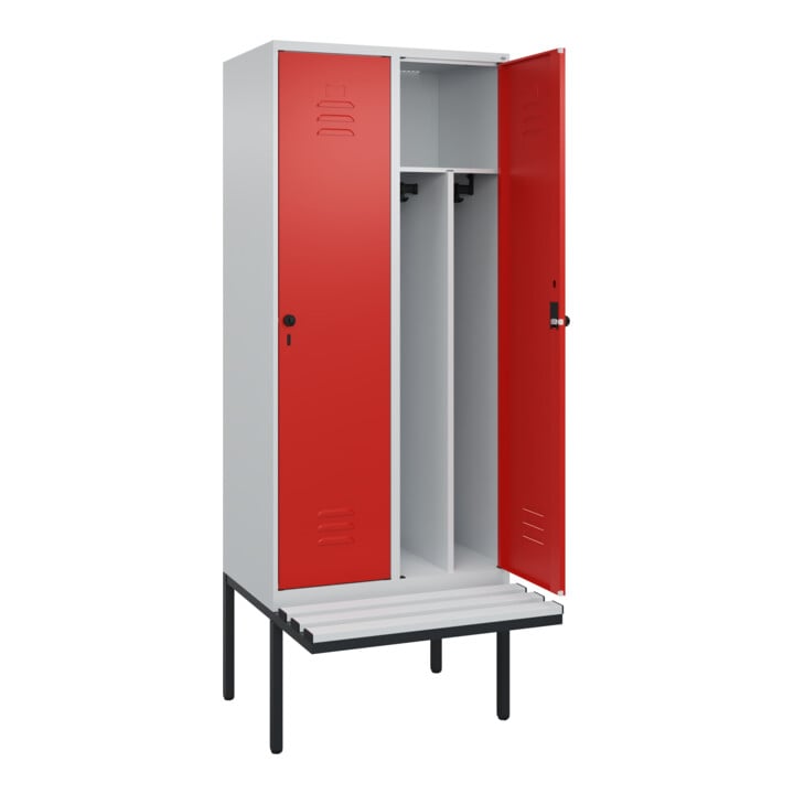 C+P Spind Classic PLUS, Bank, 2 Abteile, 2120x800x815mm, 7035/3020 Verschluss Sicherheits-Drehriegel 4 Garderobenhaken Trennwand mittig Dekor Banklatten RAL 7035 Lichtgrau Sitzbanktyp auskragend