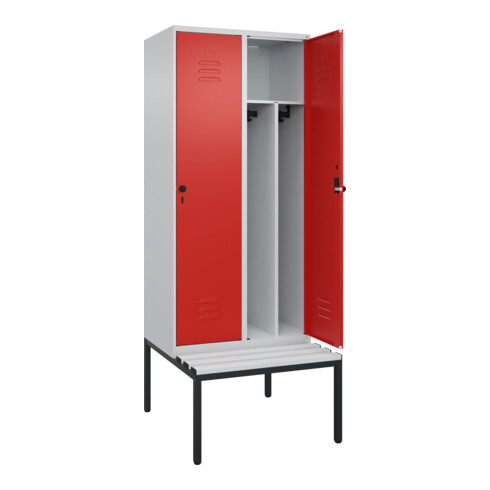 C+P Spind Classic PLUS, Bank, 2 Abteile, 2120x800x815mm, 7035/3020 Verschluss Sicherheits-Drehriegel 4 Garderobenhaken Trennwand mittig Dekor Banklatten RAL 7035 Lichtgrau Sitzbanktyp untergebaut