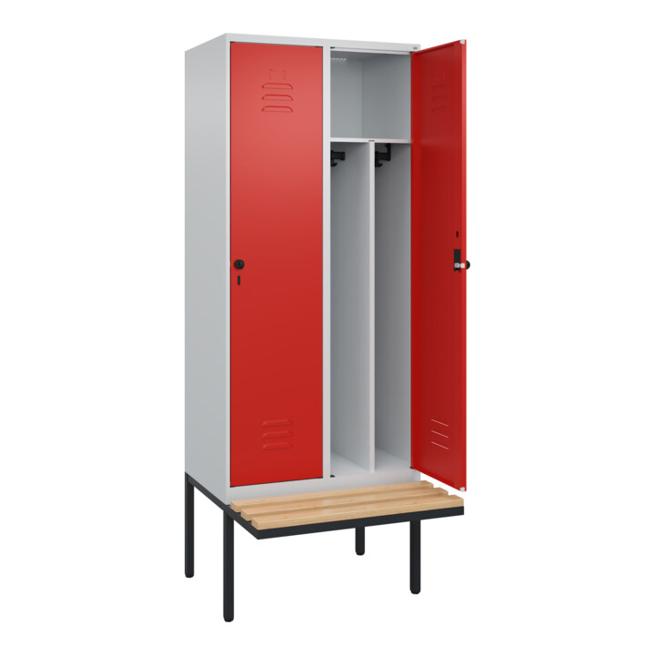 C+P Spind Classic PLUS, Bank, 2 Abteile, 2120x800x815mm, 7035/3020 Verschluss Sicherheits-Drehriegel 4 Garderobenhaken Trennwand mittig  Sitzbanktyp auskragend