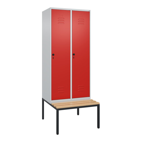 C+P Spind Classic PLUS, Bank, 2 Abteile, 2120x800x815mm, 7035/3020 Verschluss Sicherheits-Drehriegel 4 Garderobenhaken Trennwand mittig  Sitzbanktyp untergebaut