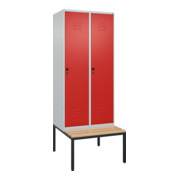 C+P Spind Classic PLUS, Bank, 2 Abteile, 2120x800x815mm, 7035/3020 Verschluss Sicherheits-Drehriegel 4 Garderobenhaken Trennwand mittig  Sitzbanktyp untergebaut
